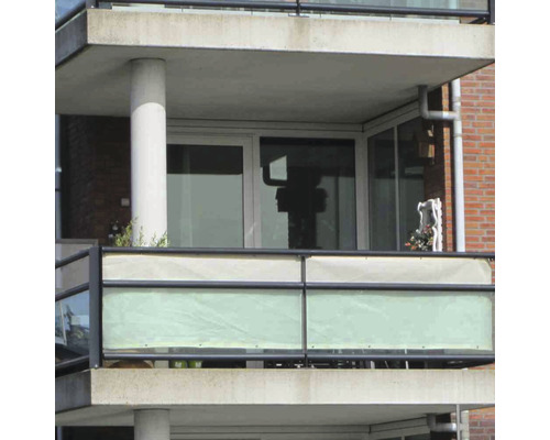 Ein Balkon mit Glasbrüstung und Pflanzenkästen.