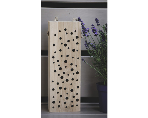 Insektenhotel aus Holz mit Löchern neben Lavendel im Topf