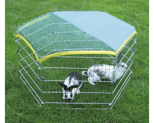 Enclos pour petits animaux avec filet de protection et deux lapins