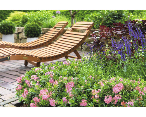 Zwei Holzliegen im Garten mit Blumen