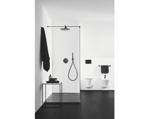 Salle de bain moderne avec douche, lavabo et toilettes en noir et blanc