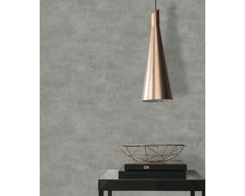 Papier peint gris à structure béton avec suspension lumineuse et décoration
