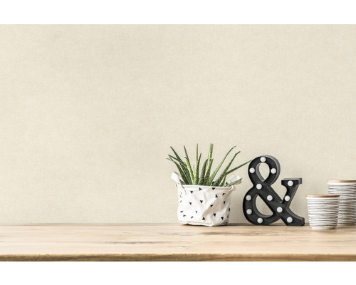 Intérieur avec plante, esperluette décorative et céramique rayée sur une table en bois