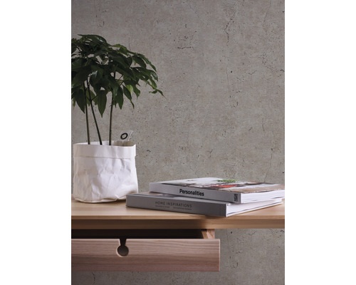 Zimmer mit Pflanze, Büchern und Holzmöbeln vor einer Tapete