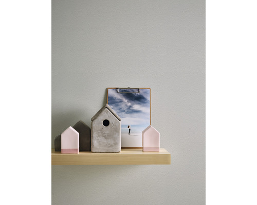 Décoration sur une étagère : Objets de décoration en forme de maison, un presse-papier avec une image.