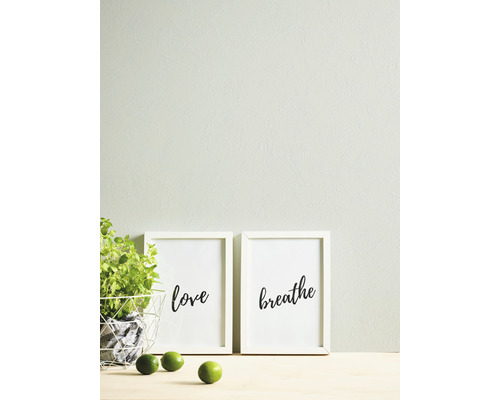 Scène décorative avec des plantes, des agrumes et deux reproductions d''art encadrées avec les inscriptions amour et respirer.