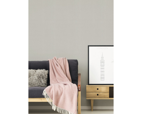 Salon avec canapé, coussin, couverture et commode avec image