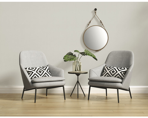 Wohnzimmer-Szene mit zwei Sesseln, einem Beistelltisch, einem Spiegel und Zimmerpflanzen zur Dekoration.