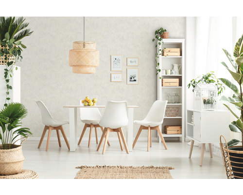 Heller Speisesaal mit Esstisch, Stühlen, Regalen und Zimmerpflanzen für eine freundliche Atmosphäre.