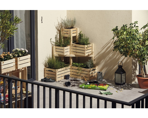 Balkonszene mit bepflanzten Holzkistenregalen, Blumenerde, Giesskanne und Laterne
