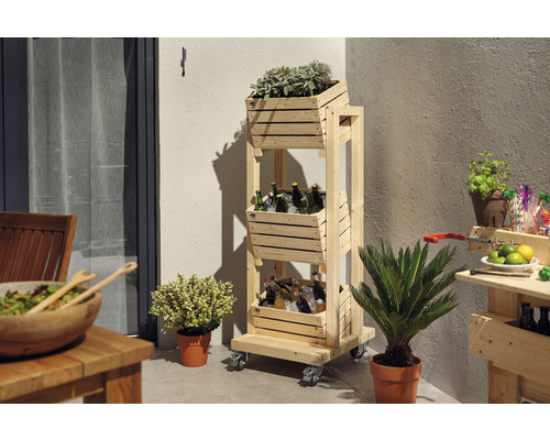 Holzbarwagen mit Getränken und Pflanzen für den Garten