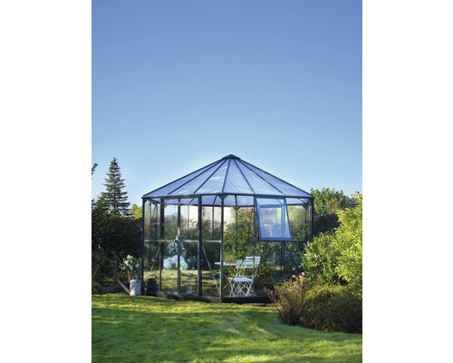 Gewächshaus im Garten mit geöffnetem Fenster