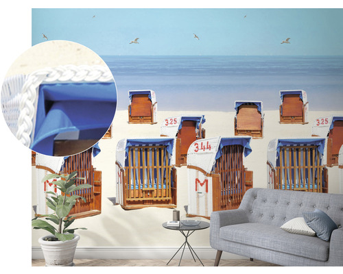 Fototapete mit Strandkörben an der Nordsee im Wohnzimmer