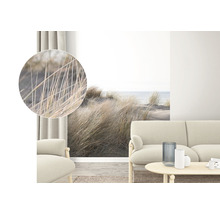 Wohnraum mit Sanddünentapete, Sofa und Tisch
