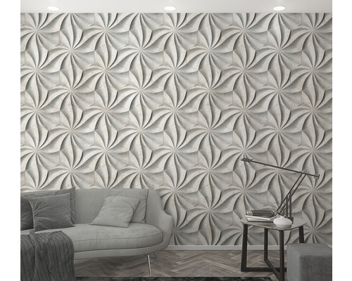 Wohnzimmer mit dreidimensionalen Wandpaneelen, Sofa und Beistelltisch