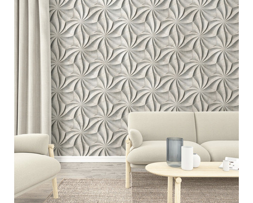 Wohnzimmer mit dreidimensionalen Wandpaneelen, Sofa und Tisch