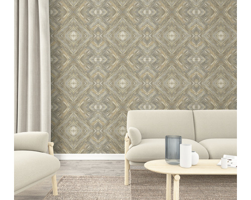 Salon avec papier peint intissé à motifs aspect bois