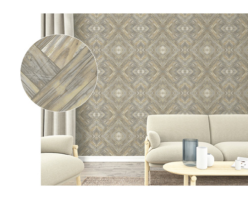 Salon avec papier peint à motifs imitation bois