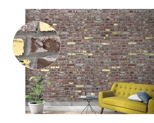 Wohnraum mit einer Wand in Backsteinoptik als Dekoration