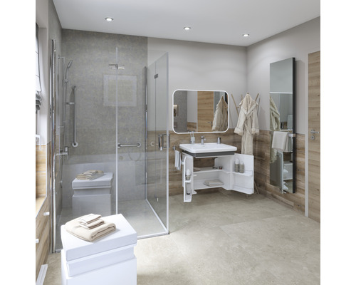 Badezimmer mit Dusche, Waschtisch, Spiegel und Holzelementen.