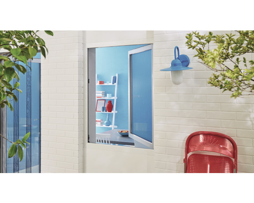 Vue extérieure avec moustiquaire devant la fenêtre et la porte