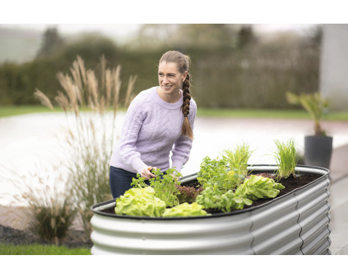 Frau gärtnert in einem Hochbeet mit Salat und Kräutern im Garten.