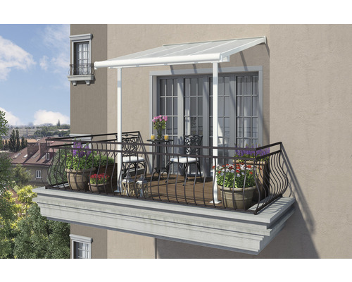 Toiture pour terrasse PALRAM Sierra 230 x 230 cm blanc Balcon avec auvent, balustrade, table et chaises