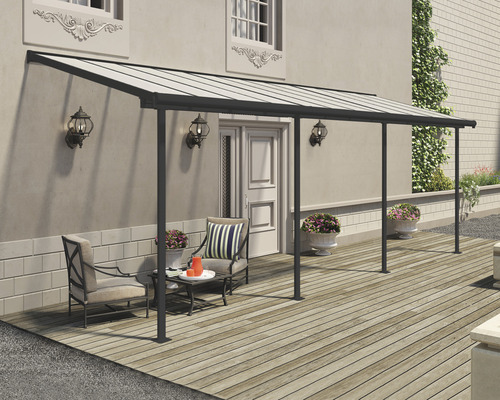 Terrassenüberdachung PALRAM Sierra 670 x 230 cm grau Terrasse mit Terrassenüberdachung, Stühlen und Tisch