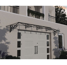 Auvent avec supports décoratifs en métal noir au-dessus d''une porte d''entrée