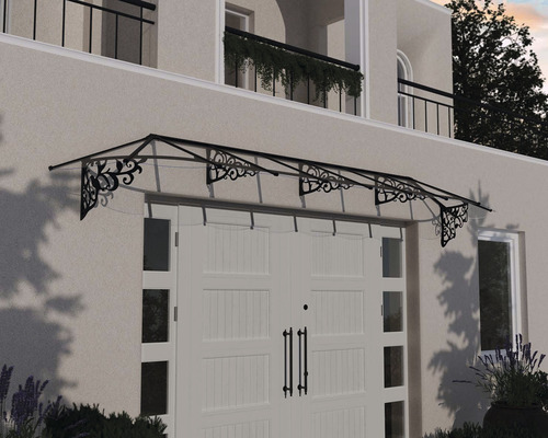 Vordach mit dekorativen, schwarzen Metallträgern über einer Haustür