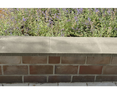 Detailansicht einer Gartenmauer mit Steinabdeckung und Bepflanzung