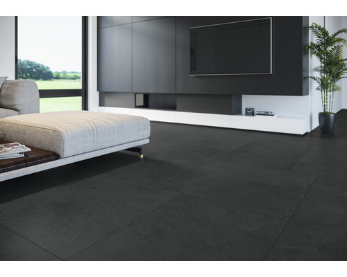 Wohnzimmer mit dunklen Bodenfliesen, modernem Sofa und TV-Wand.