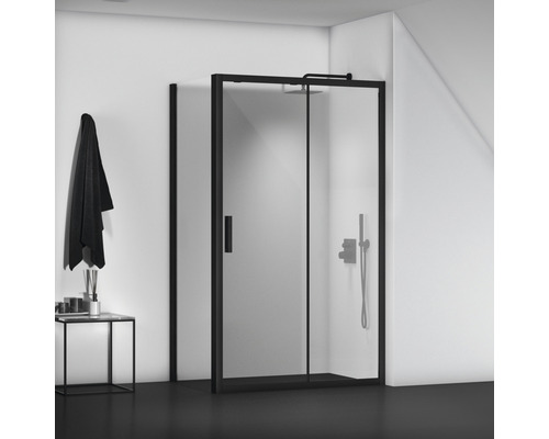 Douche à l''italienne avec porte coulissante et cadre noir dans une salle de bain.