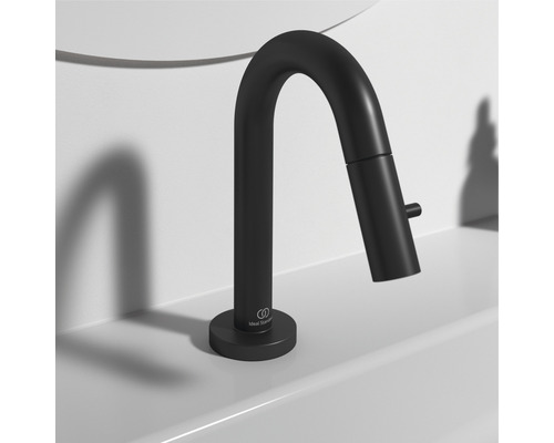 Schwarzer Waschtischmischer mit hohem Auslauf