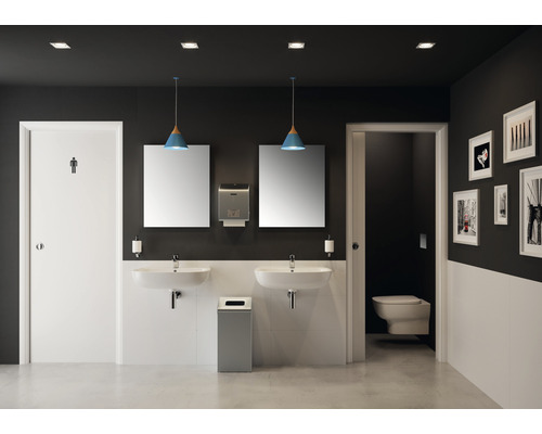 Toilettes publiques avec lavabos, miroirs, distributeur d''essuie-mains en papier, poubelle, porte avec symbole masculin et décoration