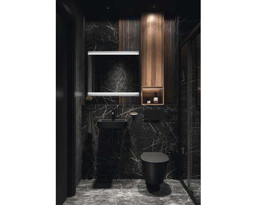 Salle de bain moderne avec murs en marbre, lavabo, miroir et toilettes