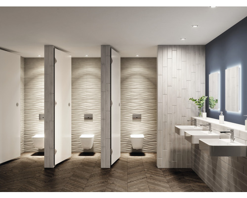 Toilettes publiques avec cabines, lavabos et miroirs