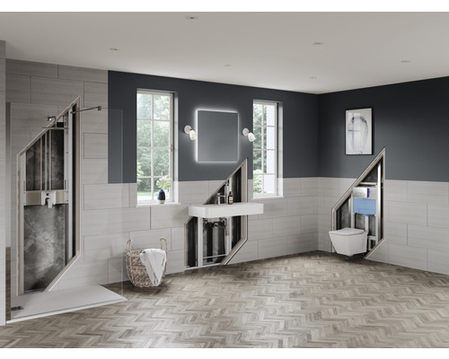 Salle de bains avec douche, lavabo, toilettes et niveau d''installation