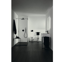 Badezimmer mit Dusche, Toilette, Bidet, Waschbecken und dunklem Holzboden.