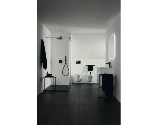 Badezimmer mit Dusche, Toilette, Bidet, Waschbecken und dunklem Holzboden.
