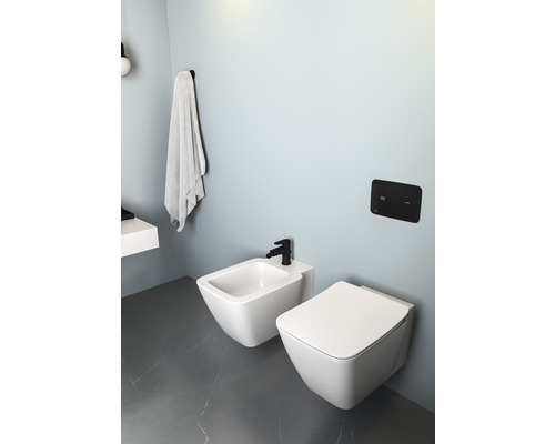 Bidet suspendu et toilettes avec plaque de commande dans une salle de bains