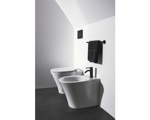 Salle de bain moderne avec toilettes, bidet et porte-serviettes