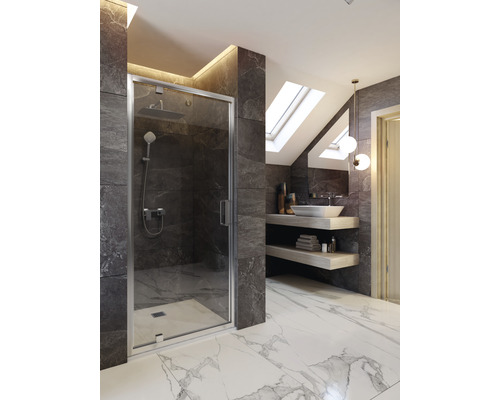 Modernes Badezimmer mit begehbarer Dusche, Waschtisch und Marmorboden