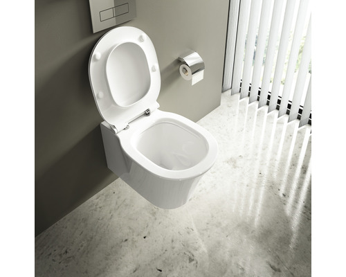 Wandhängendes Tiefspül-WC mit offenem Spülrand und WC-Sitz