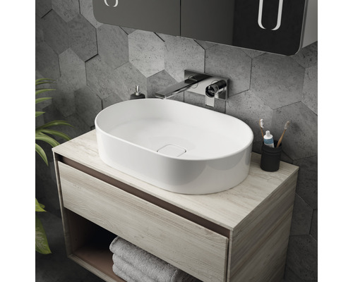 Salle de bain moderne avec vasque à poser, meuble sous-vasque et robinetterie