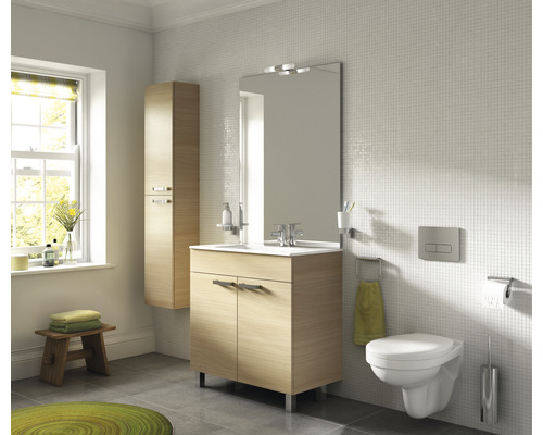 Salle de bains avec meuble-lavabo, armoire de toilette, WC et porte-serviettes