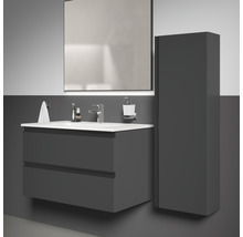 Scène de salle de bains avec meuble sous-vasque, miroir et armoire haute pour accessoires de salle de bains