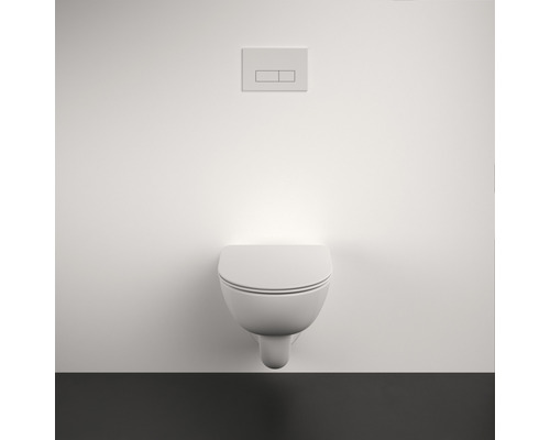 Wandhängendes WC mit Betätigungsplatte an einer Wand im Badezimmer.