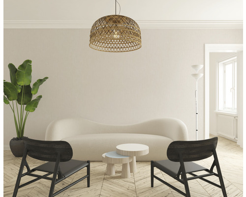 Wohnzimmer mit Sofa, zwei Stühlen, Couchtischen, Stehlampe, Zimmerpflanze und Rattan-Hängelampe