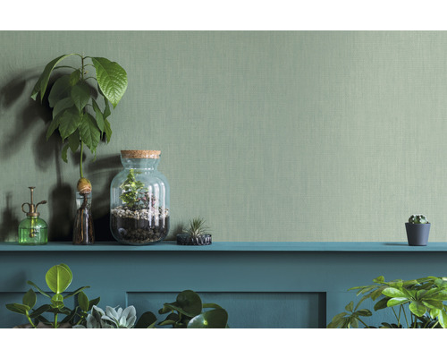 Dekorative Szene mit Pflanzen, Terrarium und Pflanzensprüher auf einem Regal vor einer strukturierten Wand